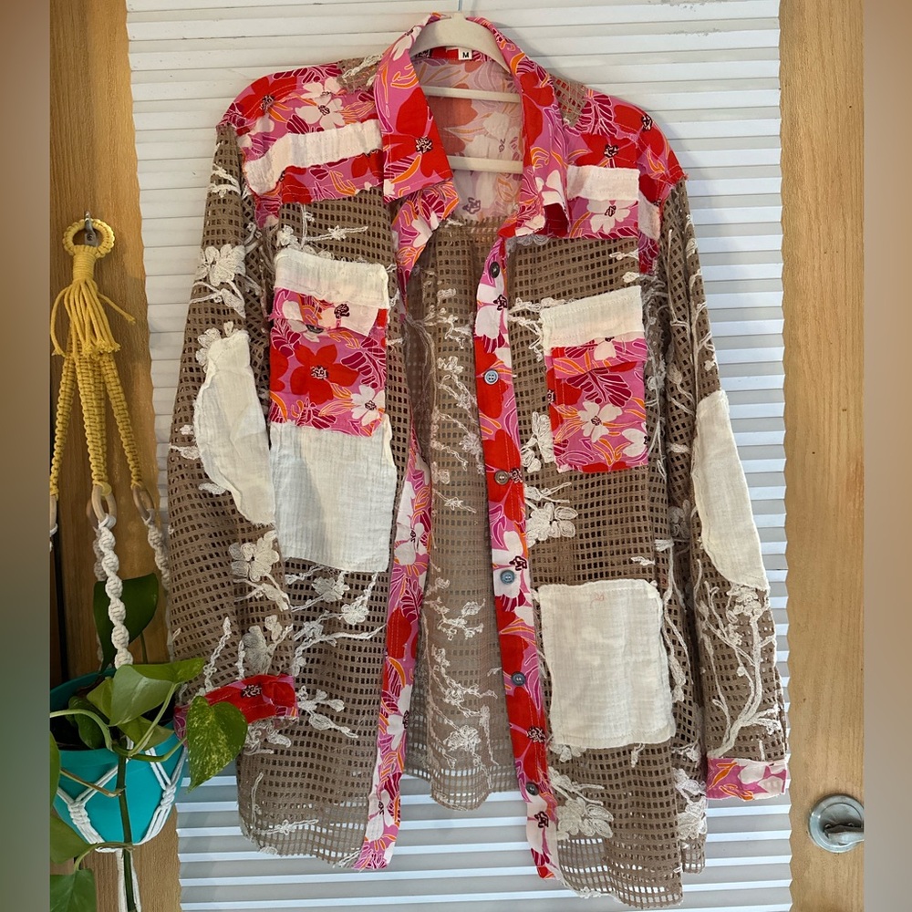 Boho Patchwork Open Front Shirt Jacket - Pink Multicolor - Picture 5 of 10
